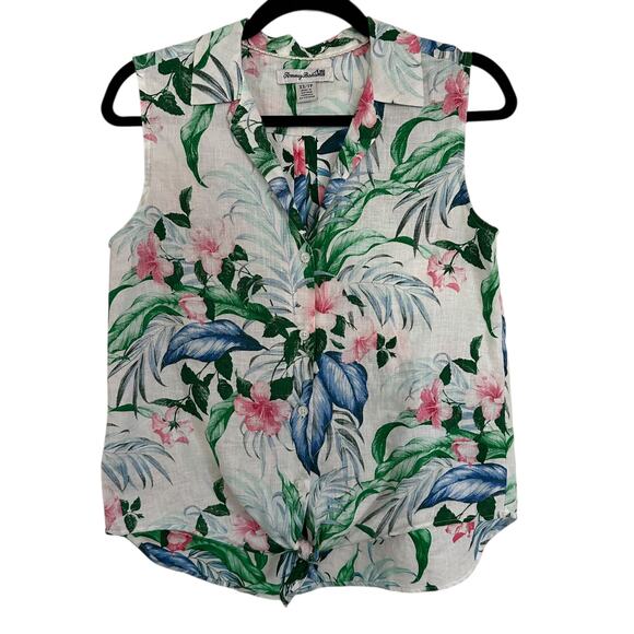 Tommy Bahama Linen Sleeveless Top XS Floral Button Front Summer Blouse - Picture 1 of 6